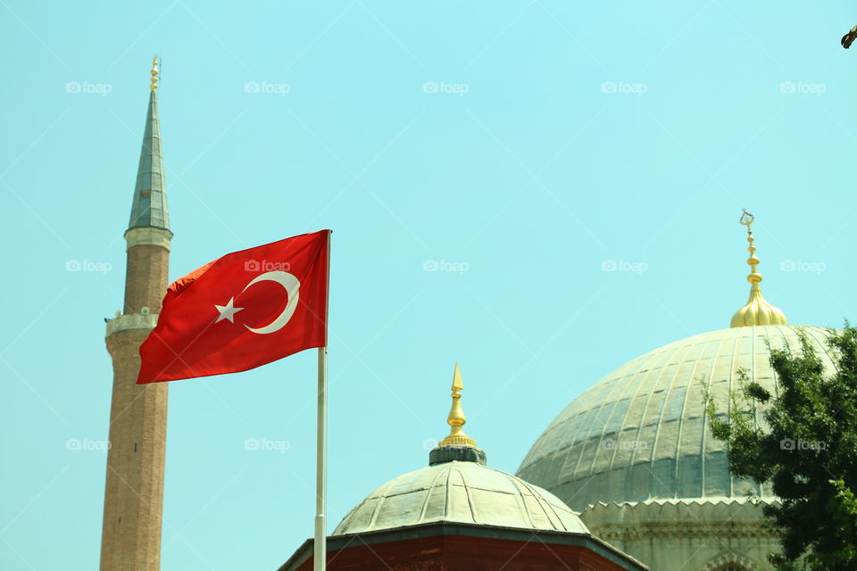 turkey flag. red turkey flag in Aya sofia