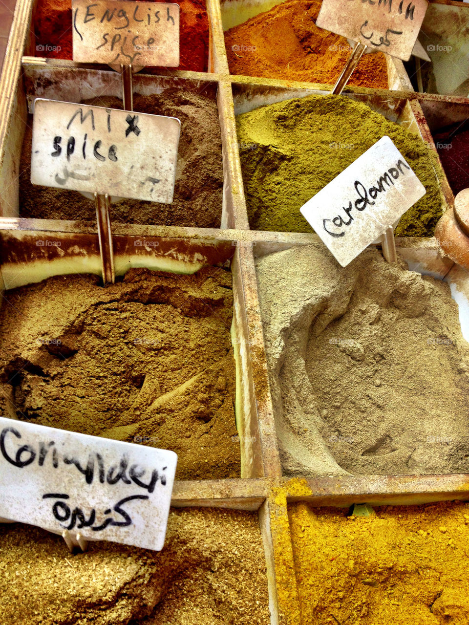 Elevated view of spices with label