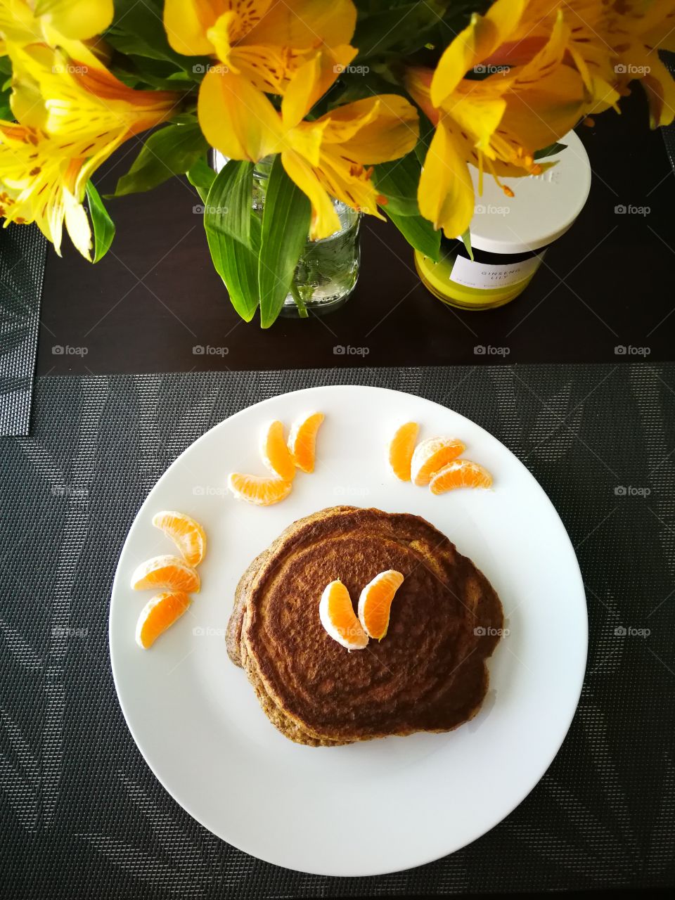 Flowers and breakfast pancakes
