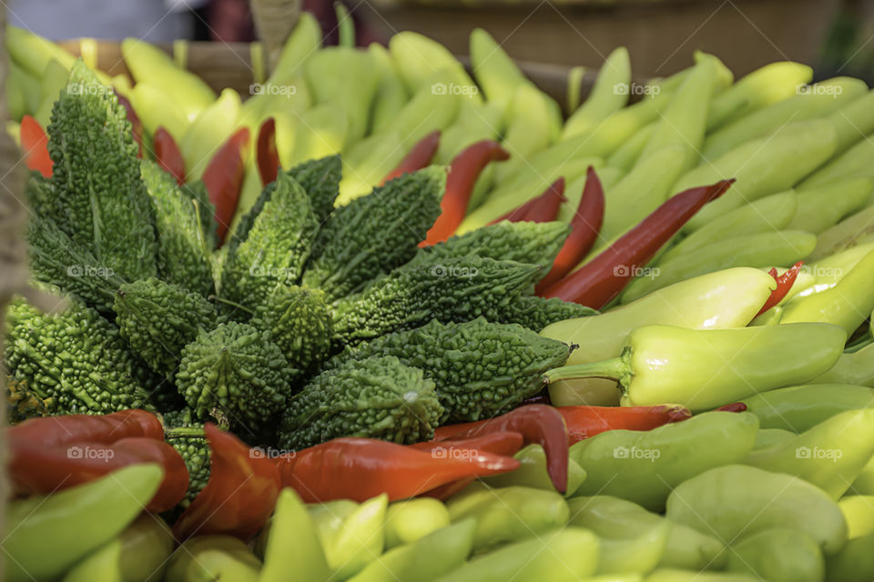 Vegetables in Thailand , Bitter gourd and chilli.