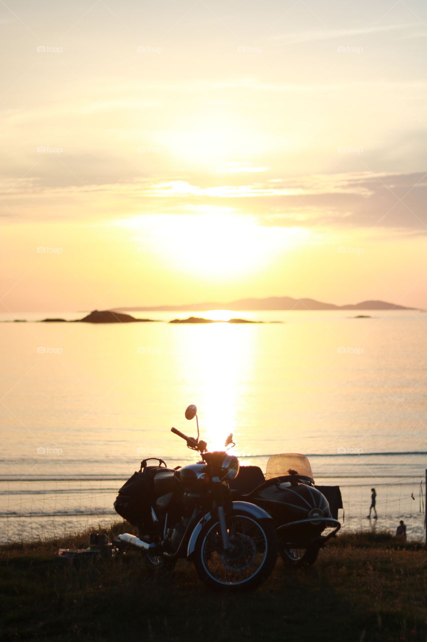 View, sunset, motor with side-cart, camping, evening, romantic, ireland