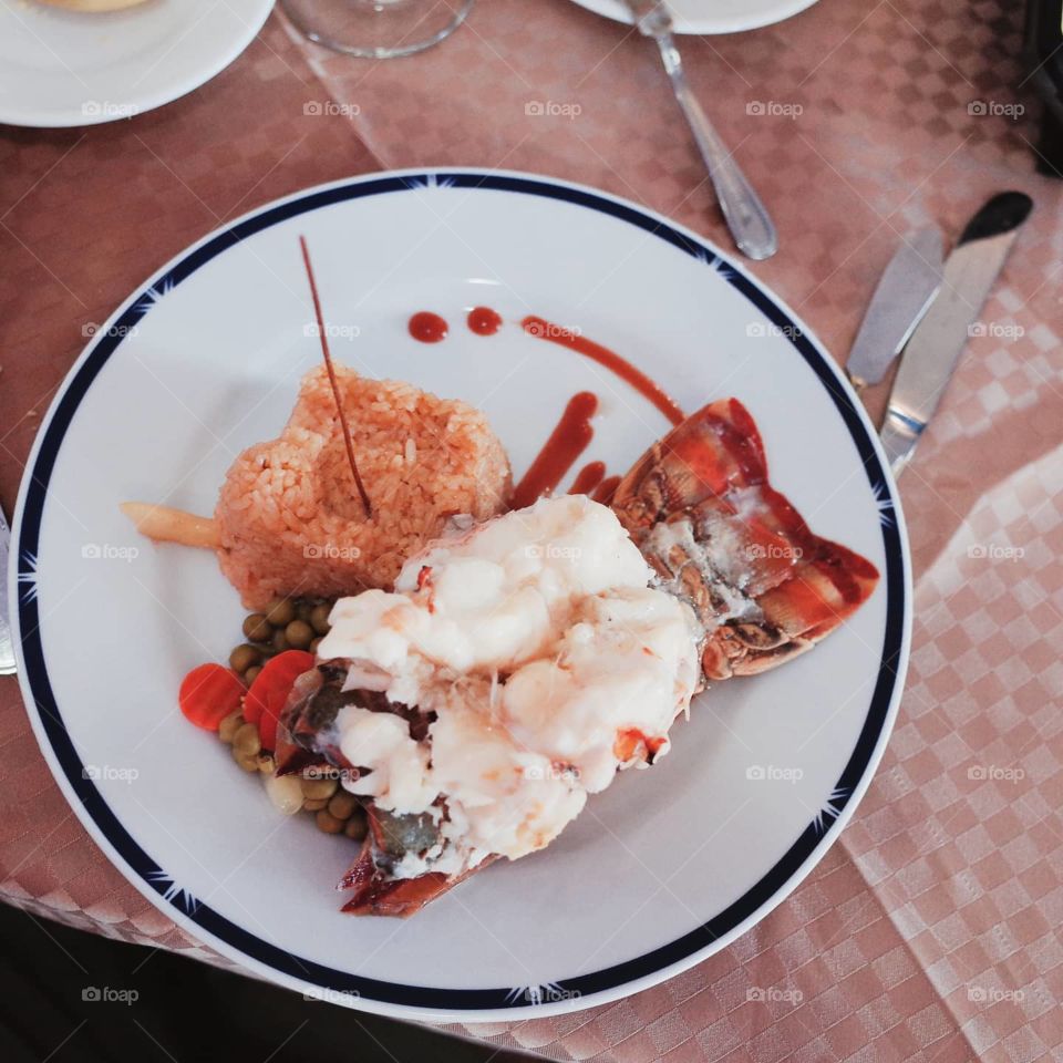 top view of a lobster and rice dinner
