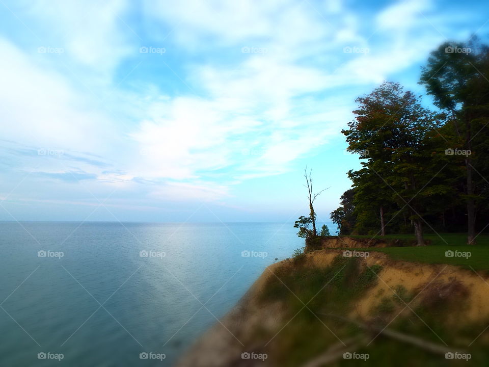 Looking down at Lake Michigan from top of dunes
