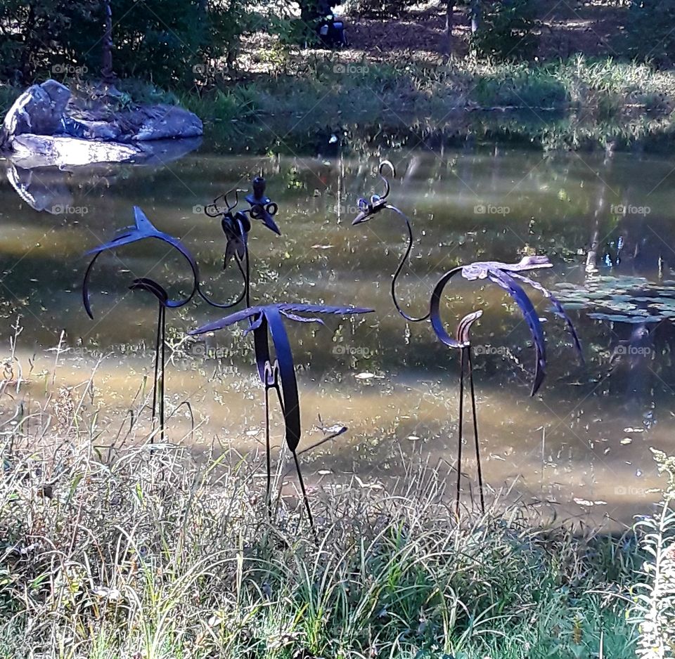 Metal sculptures of birds