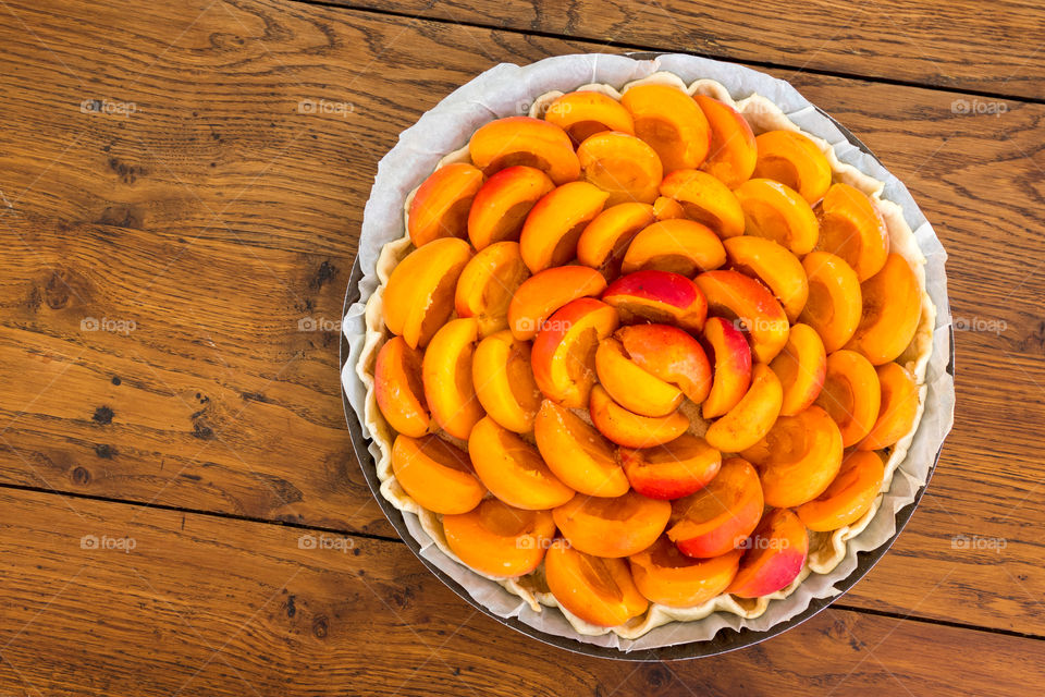 High angle view of apricot tart