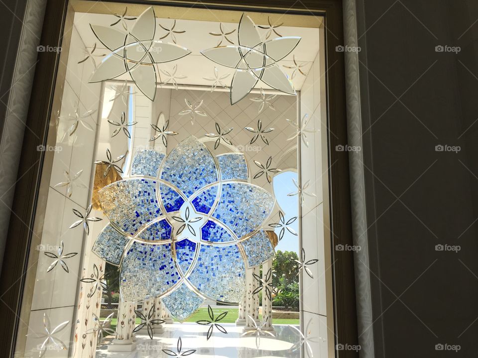 Classic design on glass at Grand Mosque, Abu Dhabi 