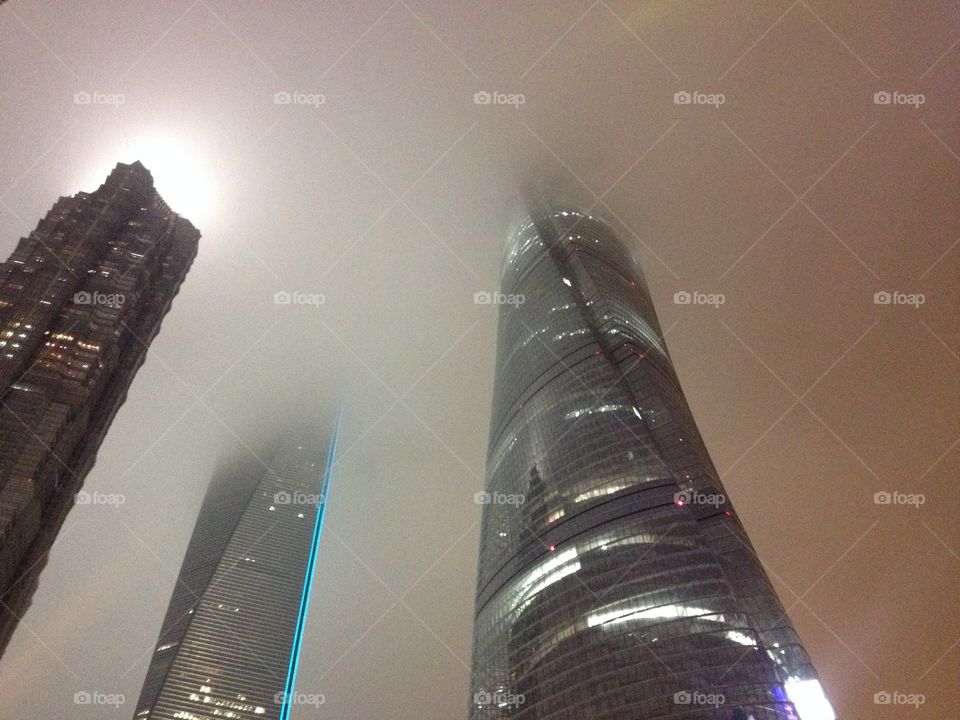 Shanghai skyscrapers shrouded in fog, Pudong Lujiazui 