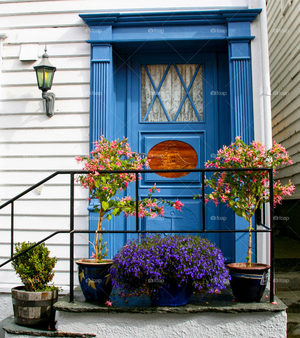 Blue door with flowers. 