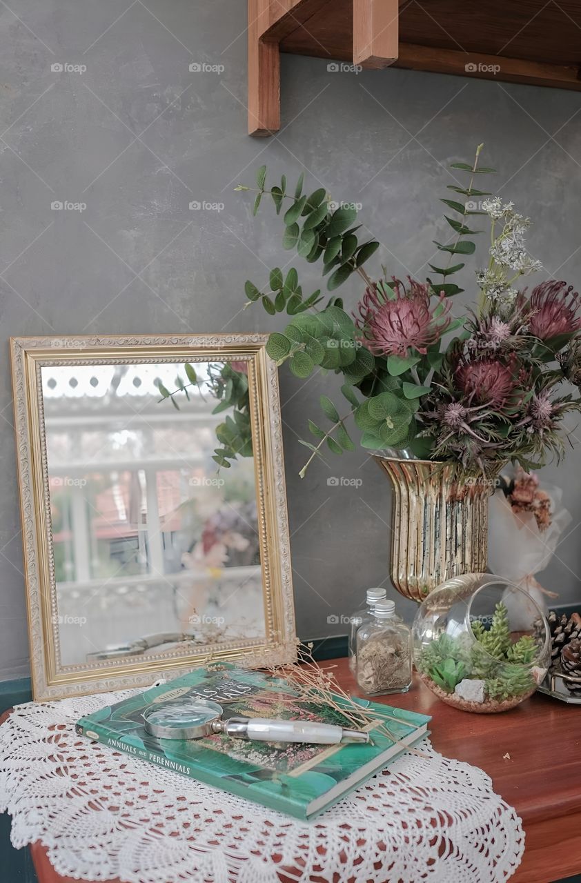 a mirror on the desk