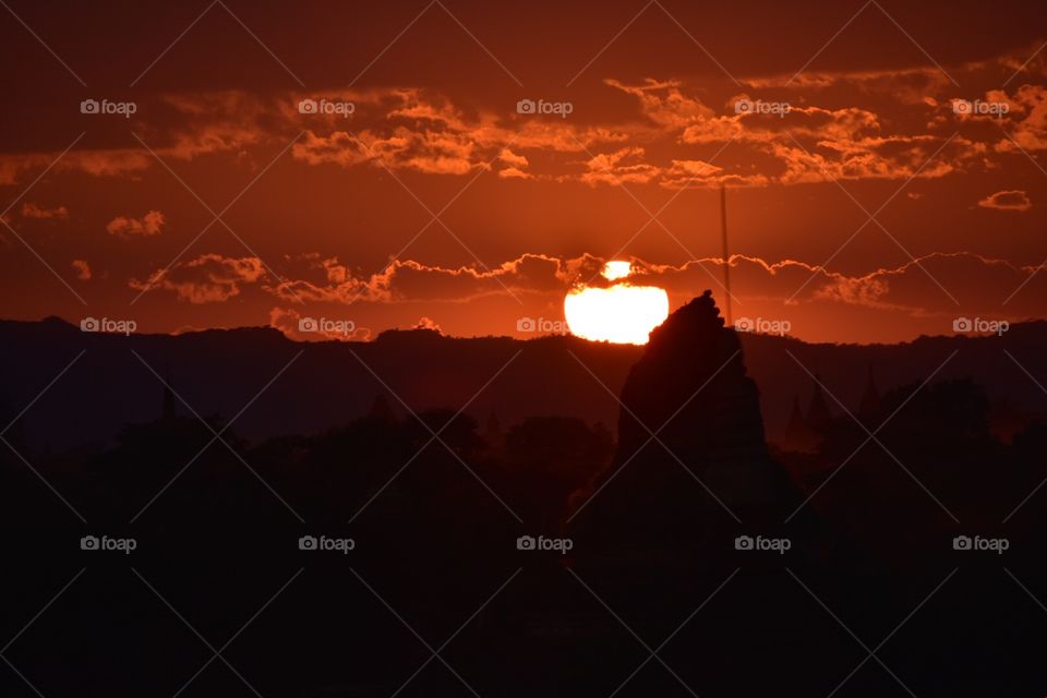 huge red sunset in Burma