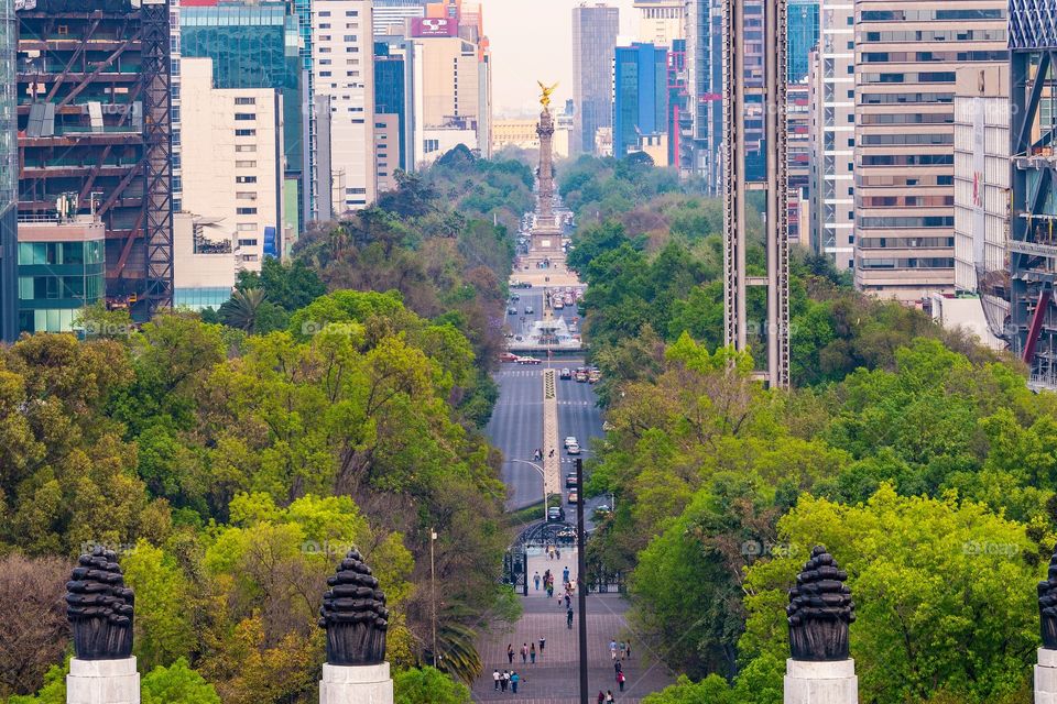 Reforma avenue with the Angel of Independence in  the heart of Mexico City. 