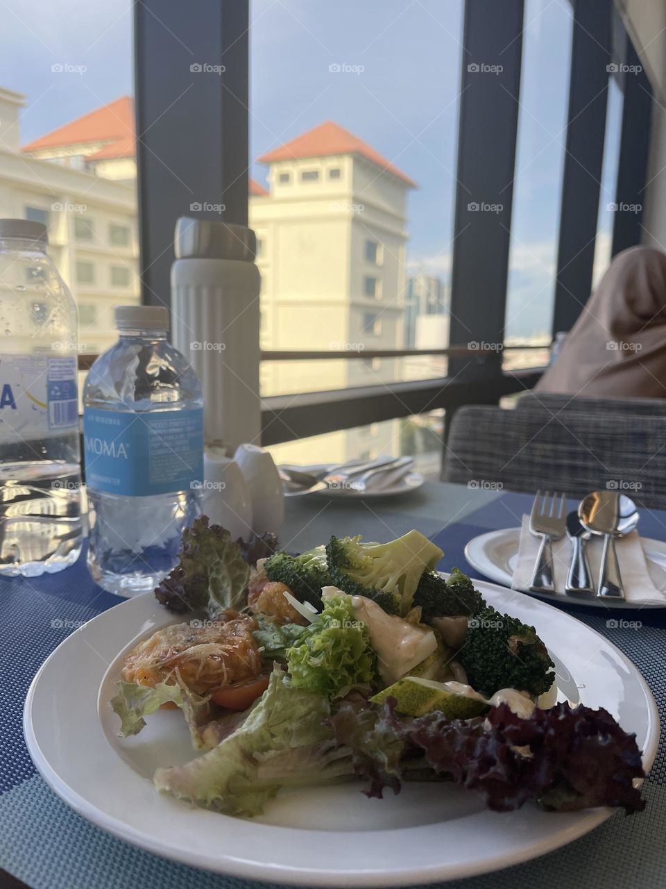 Close up view of fresh garden salad on a white ceramic plate beside a beautiful scenery window 