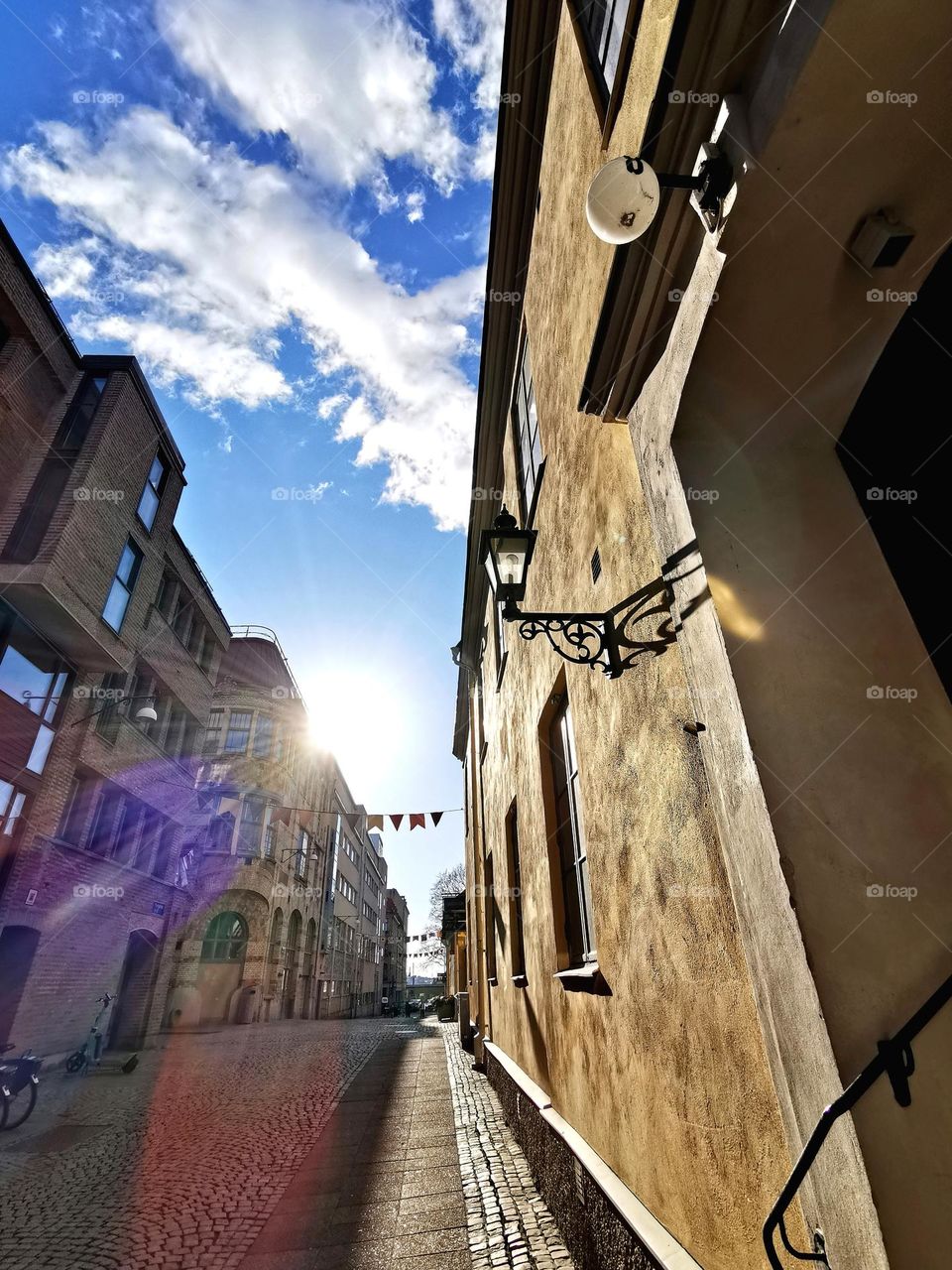 City street in the spring sun