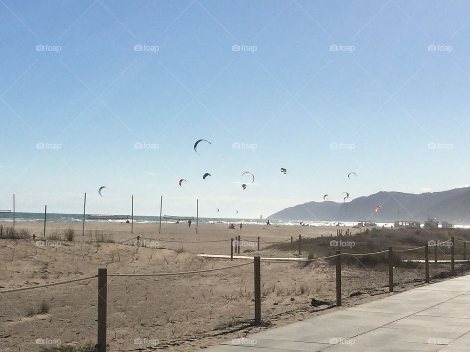 Kite flying over the beach in Barcelona 