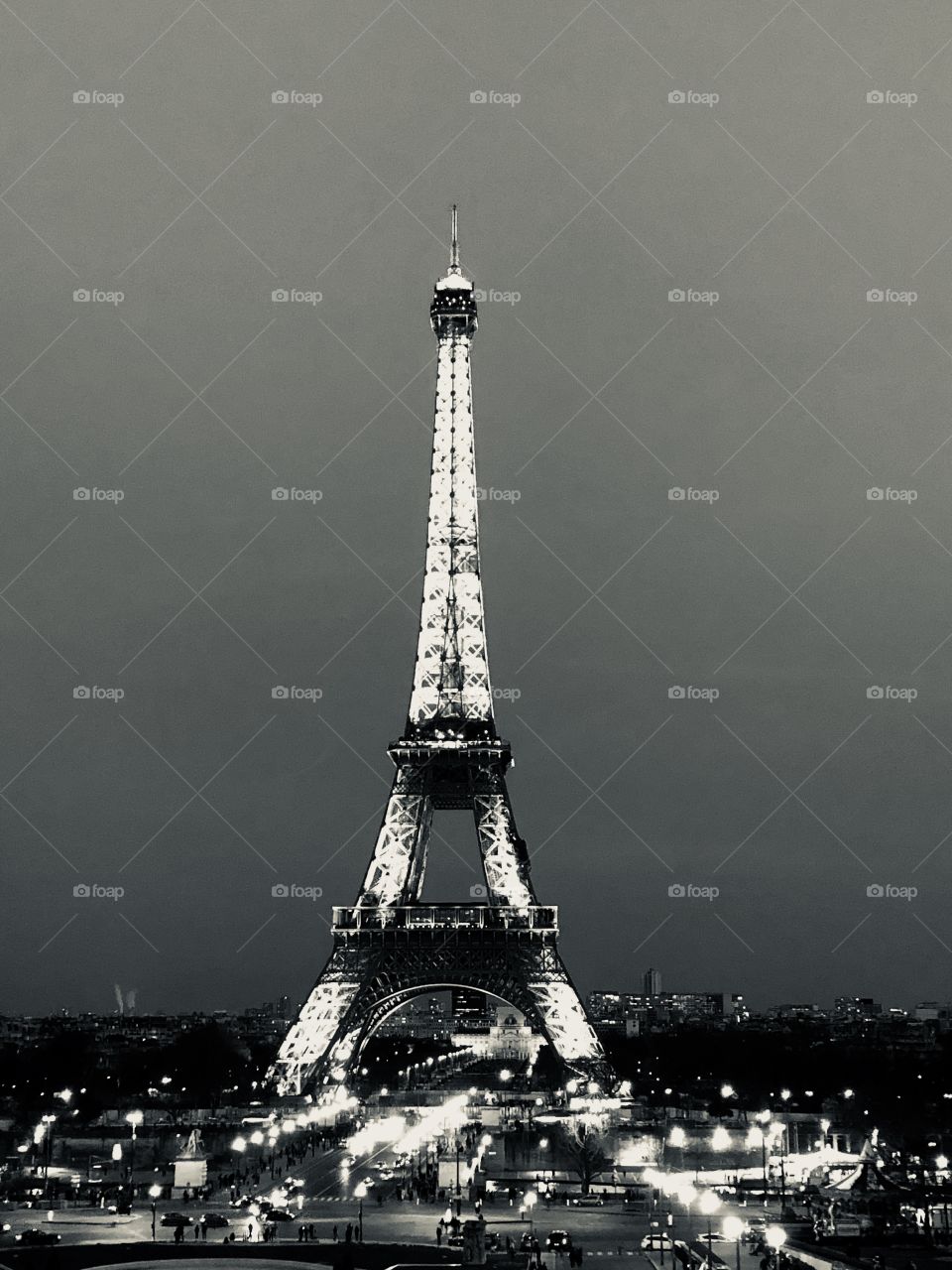 A stunning photo of the Eiffel Tower illuminated,taken in black and white just past sunset. 