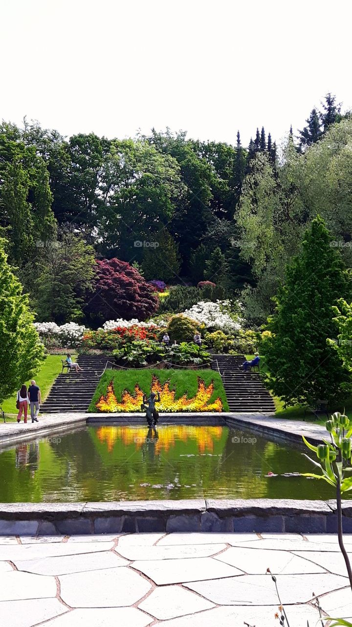 Bothanical garden with a pond, trees, flowers, stairs, people