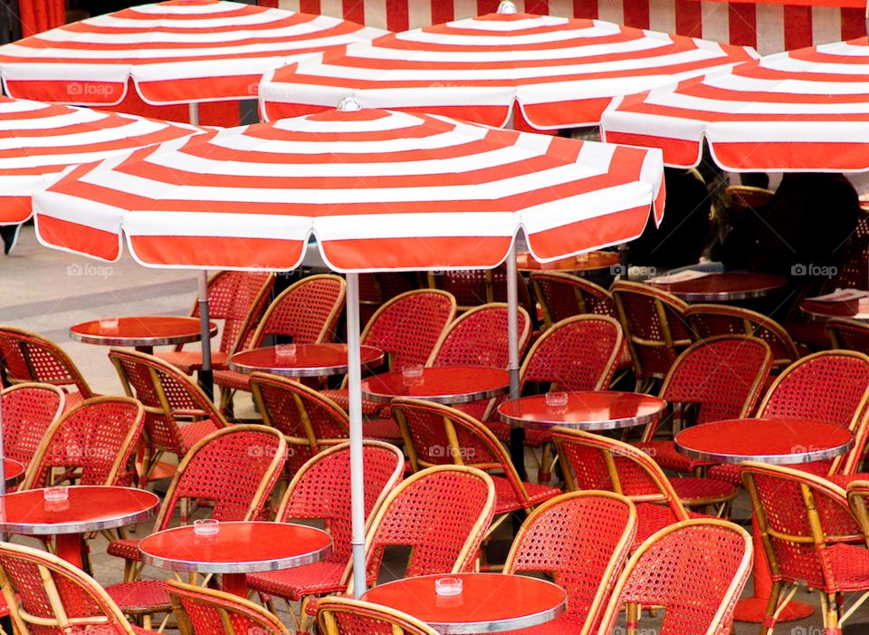 Vivid Red Sidewalk Cafe in Paris. 