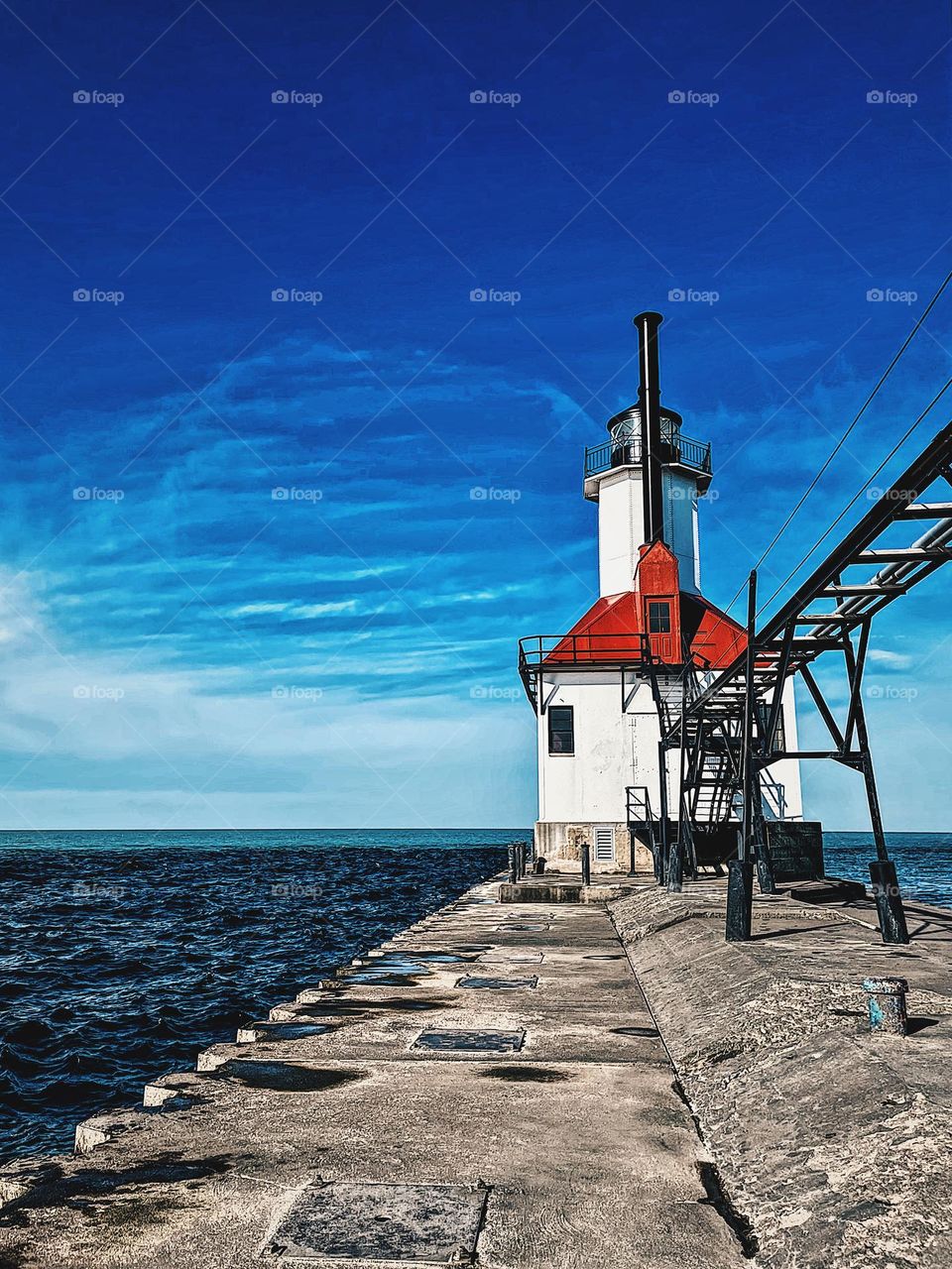 Lighthouse in Michigan, portrait of a lighthouse, landscape photograph of a lighthouse, lighthouse on the water, iconic picture of a lighthouse, iPhone photography