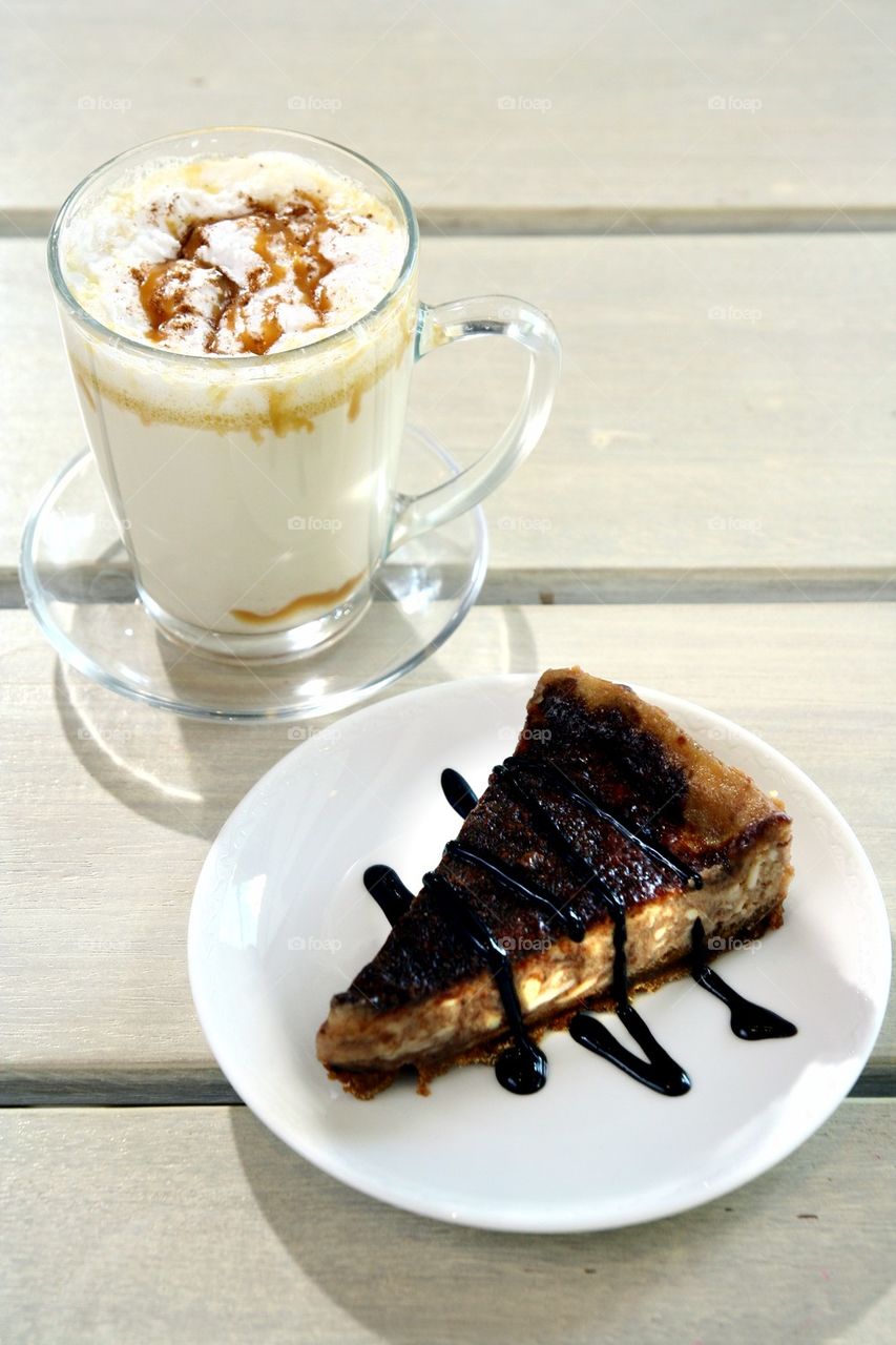 slice of cake or pie and cold shake