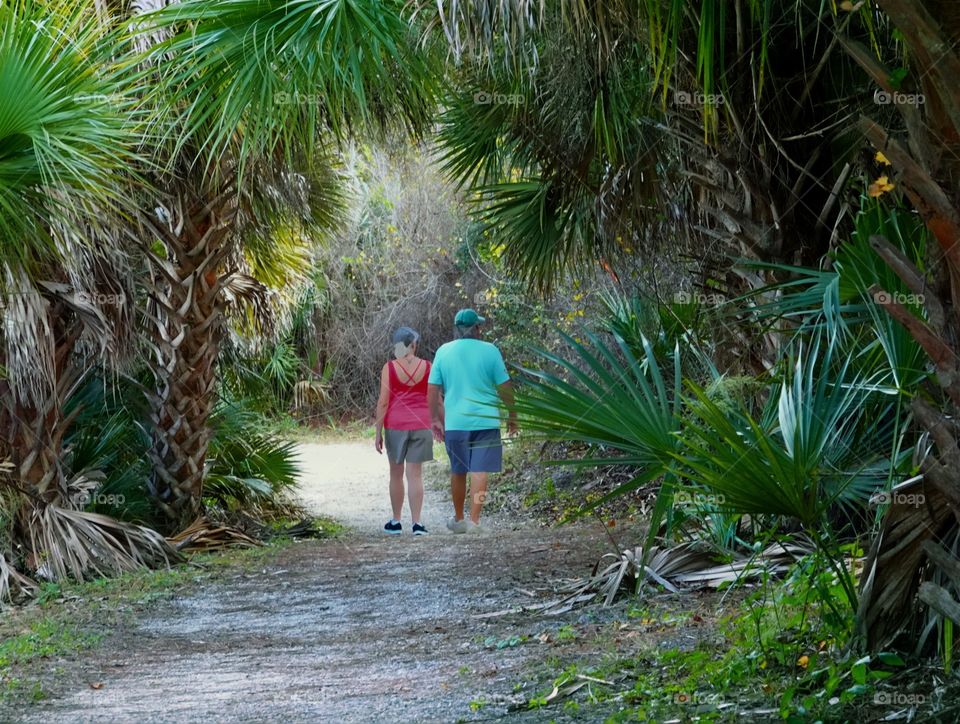 A couple enjoying a sunny walk through the countryside.