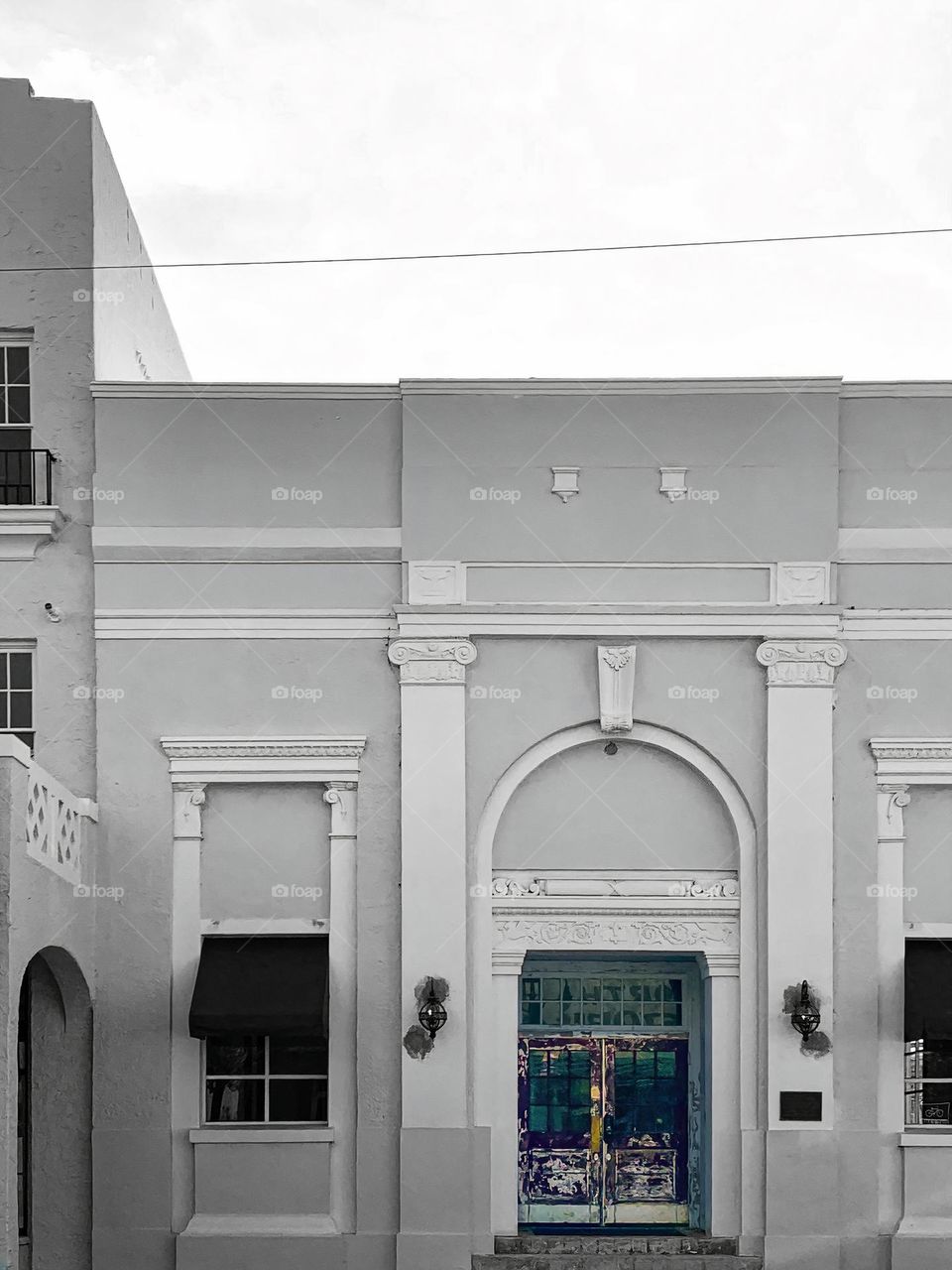 Downtown historical building used for commercial purposes with beautiful architectural look in black and white in central eastern Florida.