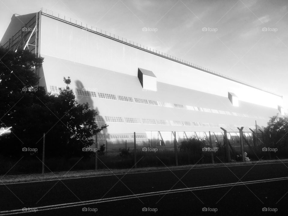 Number 1 Shed at Cardington Airfield, Bedfordshire, former RAF airfield and home of British airships, in monochrome
