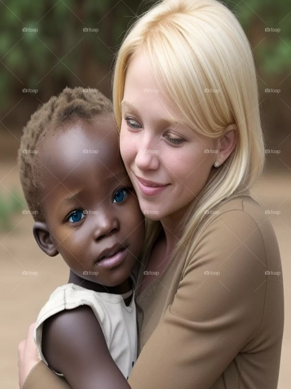 Blonde girl hugs African baby