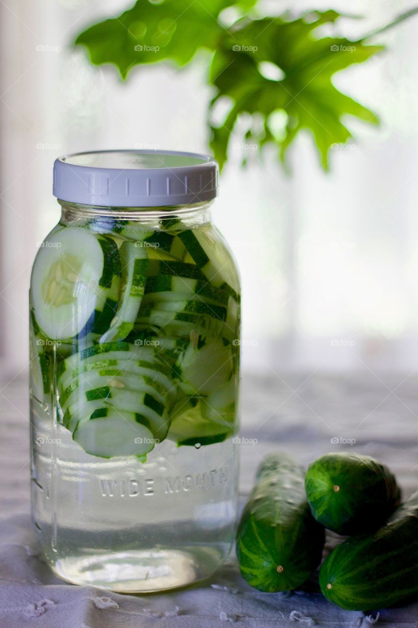 Fruits! - Cucumber-infused water in a half-gallon mason jar with cucumbers on a white dish towel, blurred backlit background and plant leaf visible