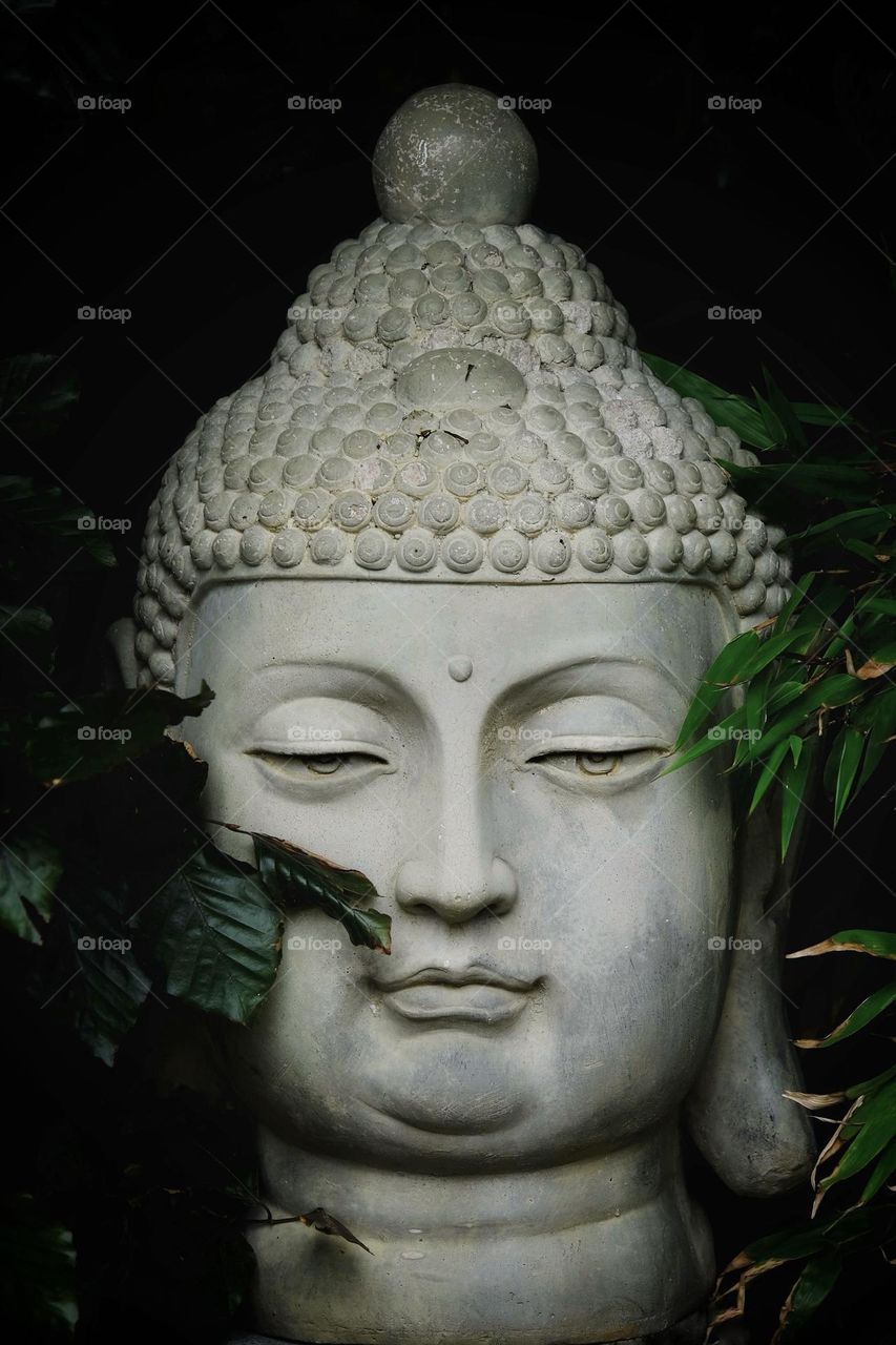 Close-up of a serene stone-carved Buddha head sculpture. 