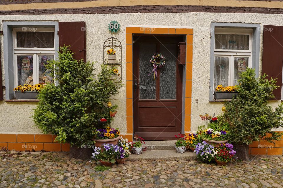 Entrance to an old house decorated with plants