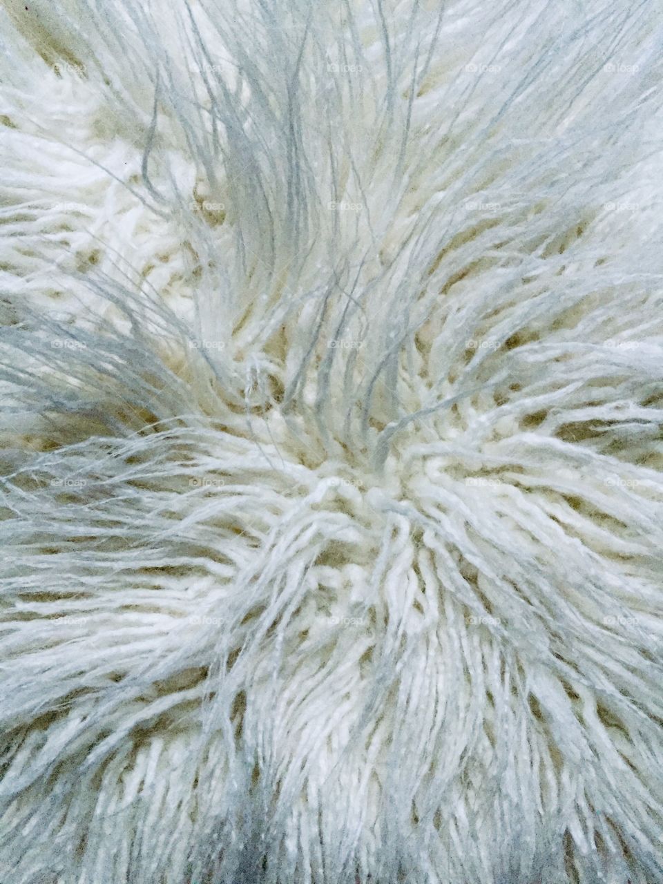 White fur. Fake. Soft and fluffy. A forest of its own. Man made.