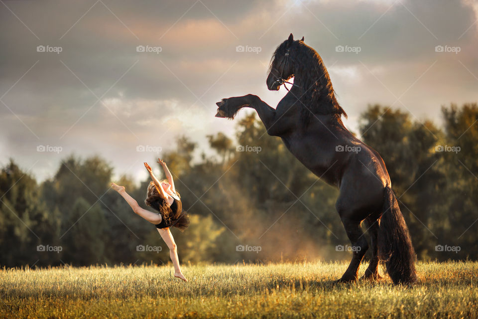 Gymnastic girl with fresian horse 
