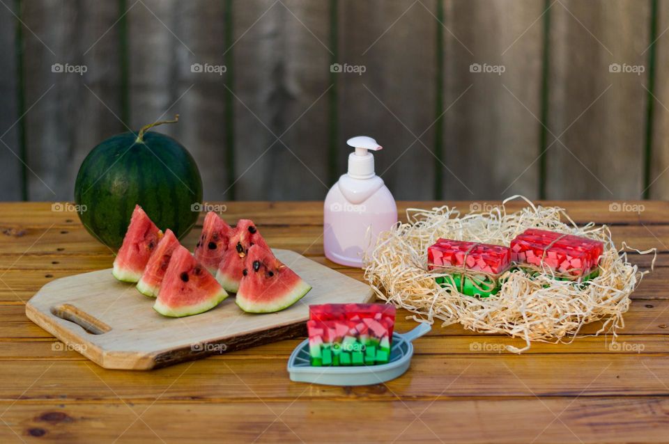 Soap bars of handmade soap with watermelon aroma.