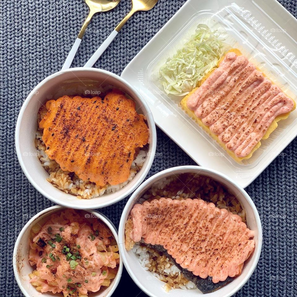 Mentaiko feast with salmon, spicy chicken, tamago and fries 
