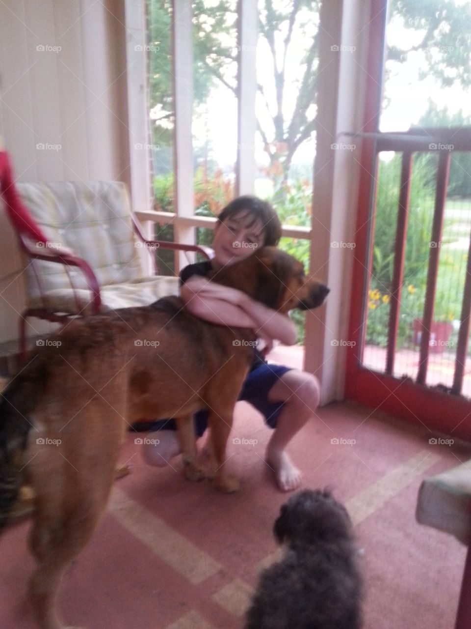 Young boy with our dog cuddling and playing with her. 