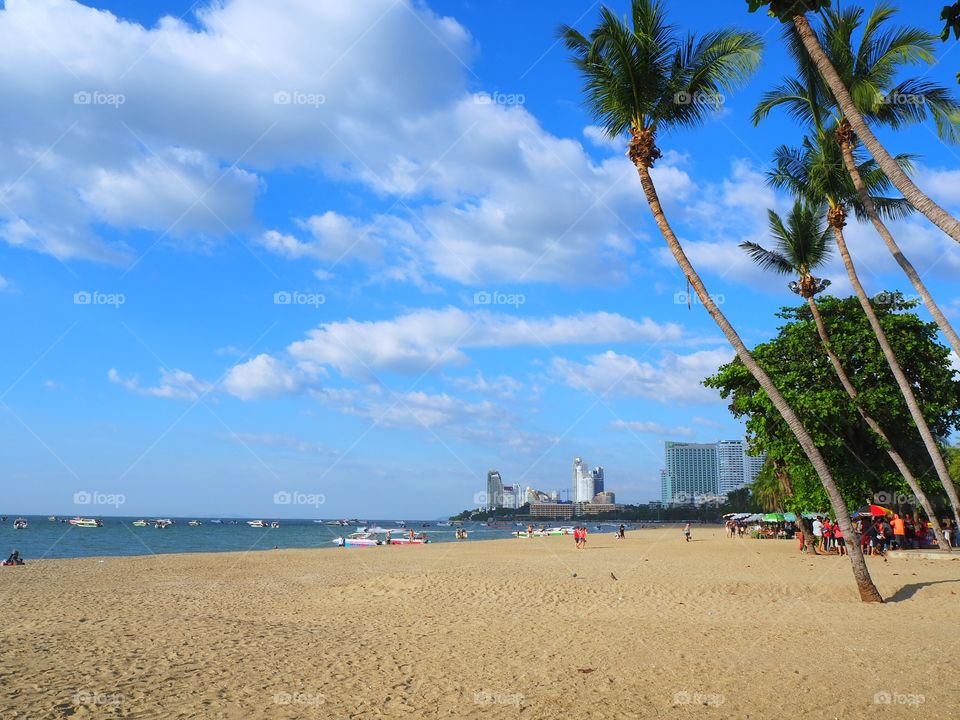 Long beach in a tropical island with coconut trees and hotels as background.