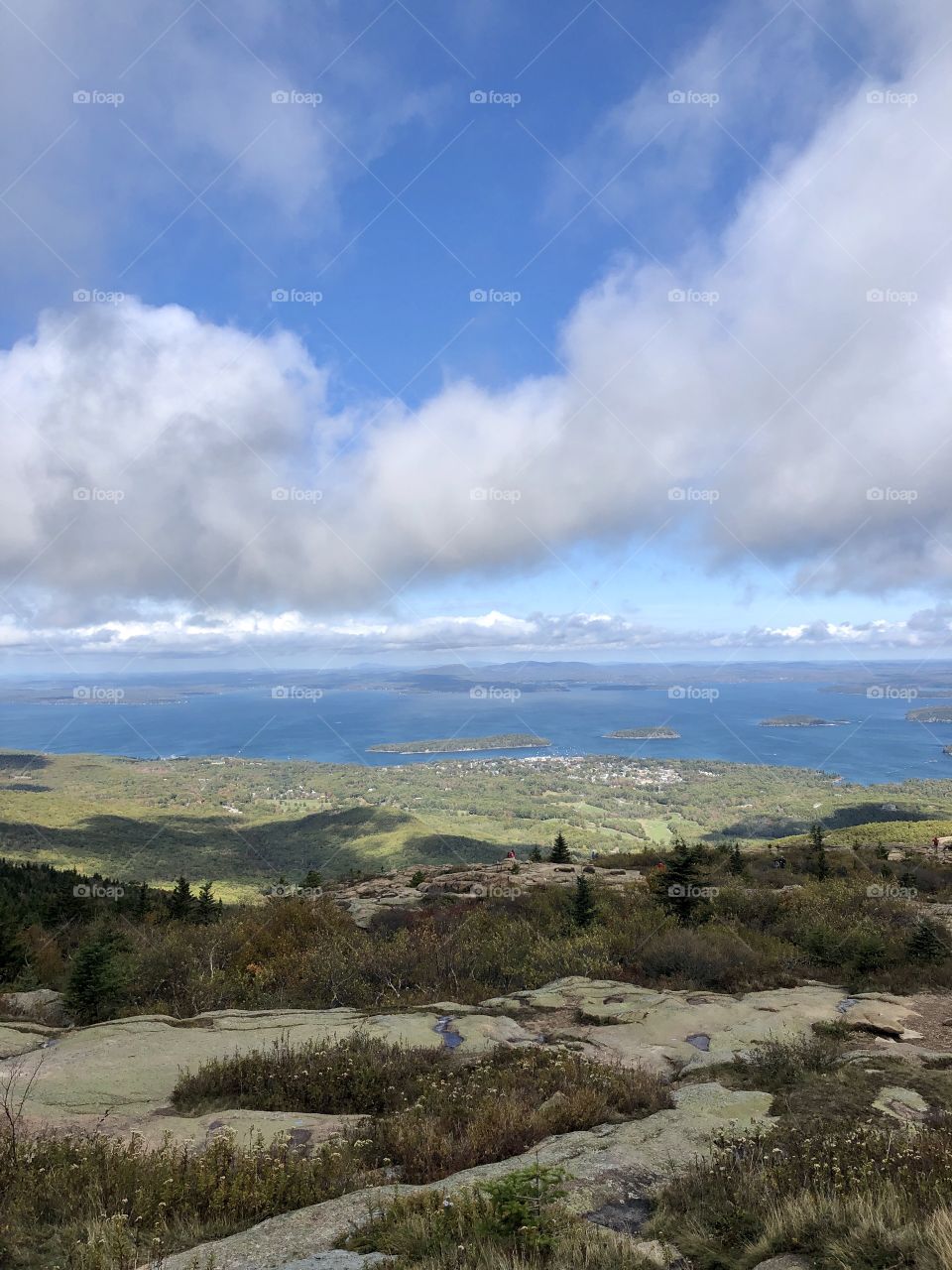 Mountain top view of the ocean of coastline Maine USA