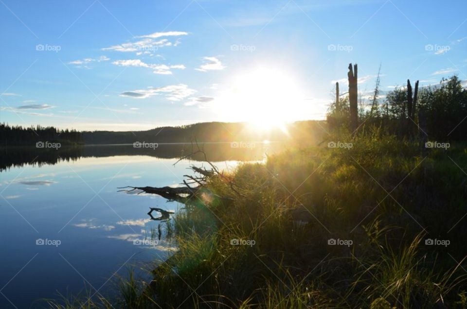 Sunbeams shining bright at our perfectly serene fishing hole in Northern Alberta. Every night after work during the summer we would hike down to the water and try our luck. I love the mirror effect of the perfectly calm water. 