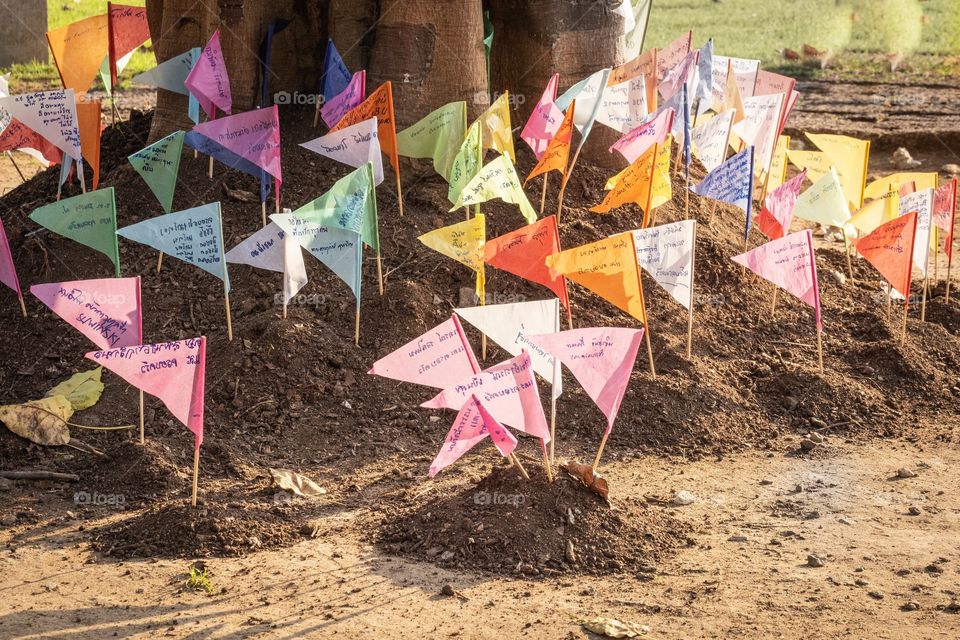 Colorful small flags on the ground