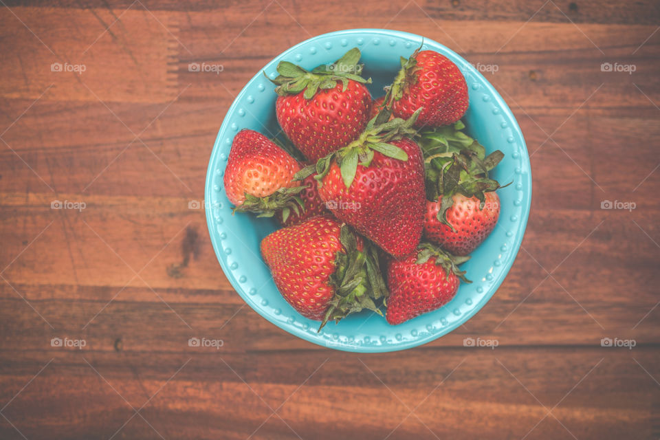 Red Strawberries in a Blue Bowl 