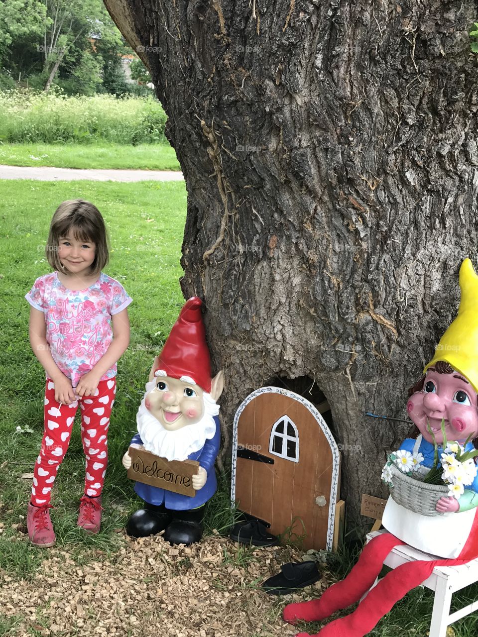 My daughter in Bewdley by the river captured with the gnomes and there tree house kindly created by a local resident for everyone’s pleasure 