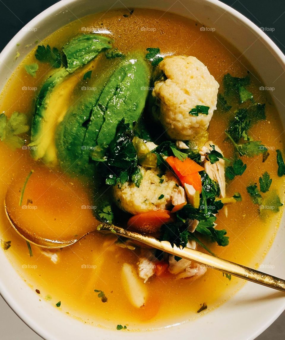 Matzo ball soup & Avocado