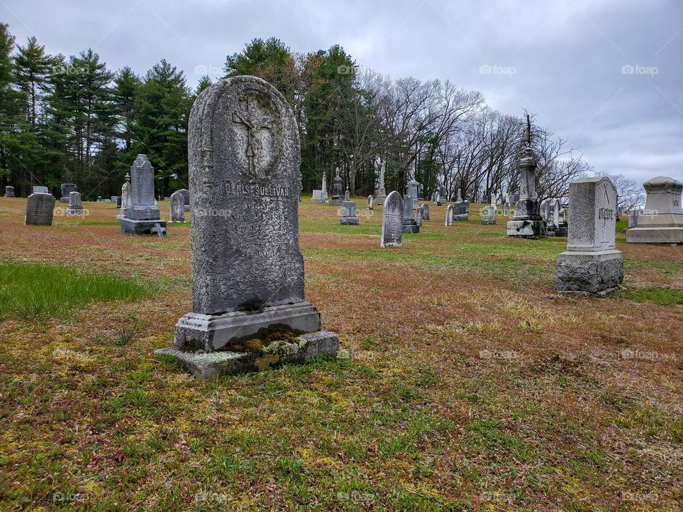 Headstones dot a hillside