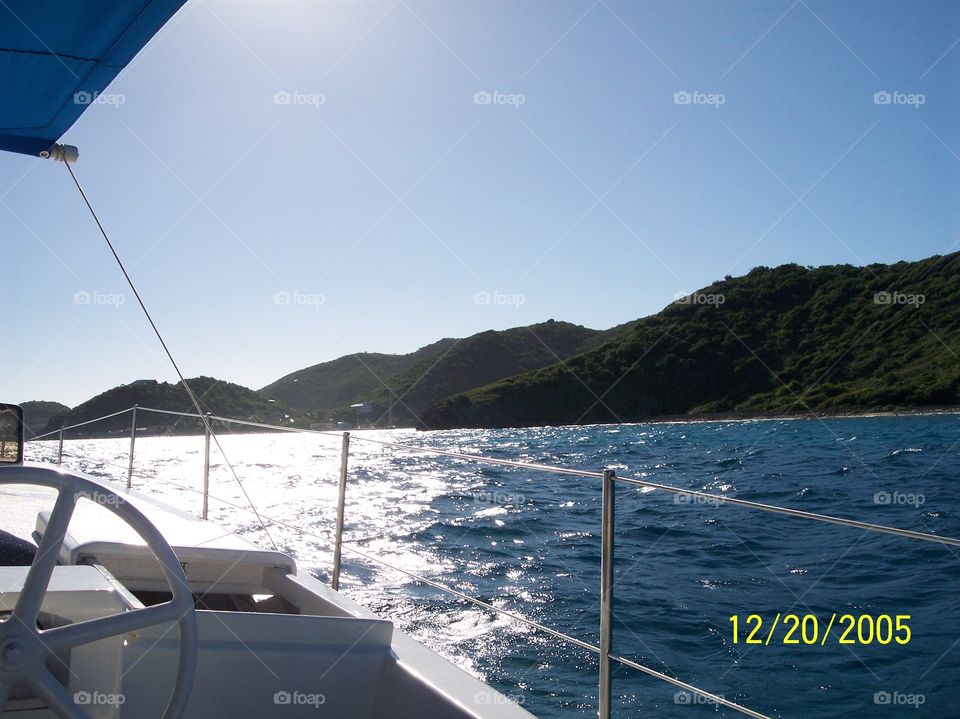 Sailing in the BVI. Barefoot sailing on a trimaran in the British Virgin Islands