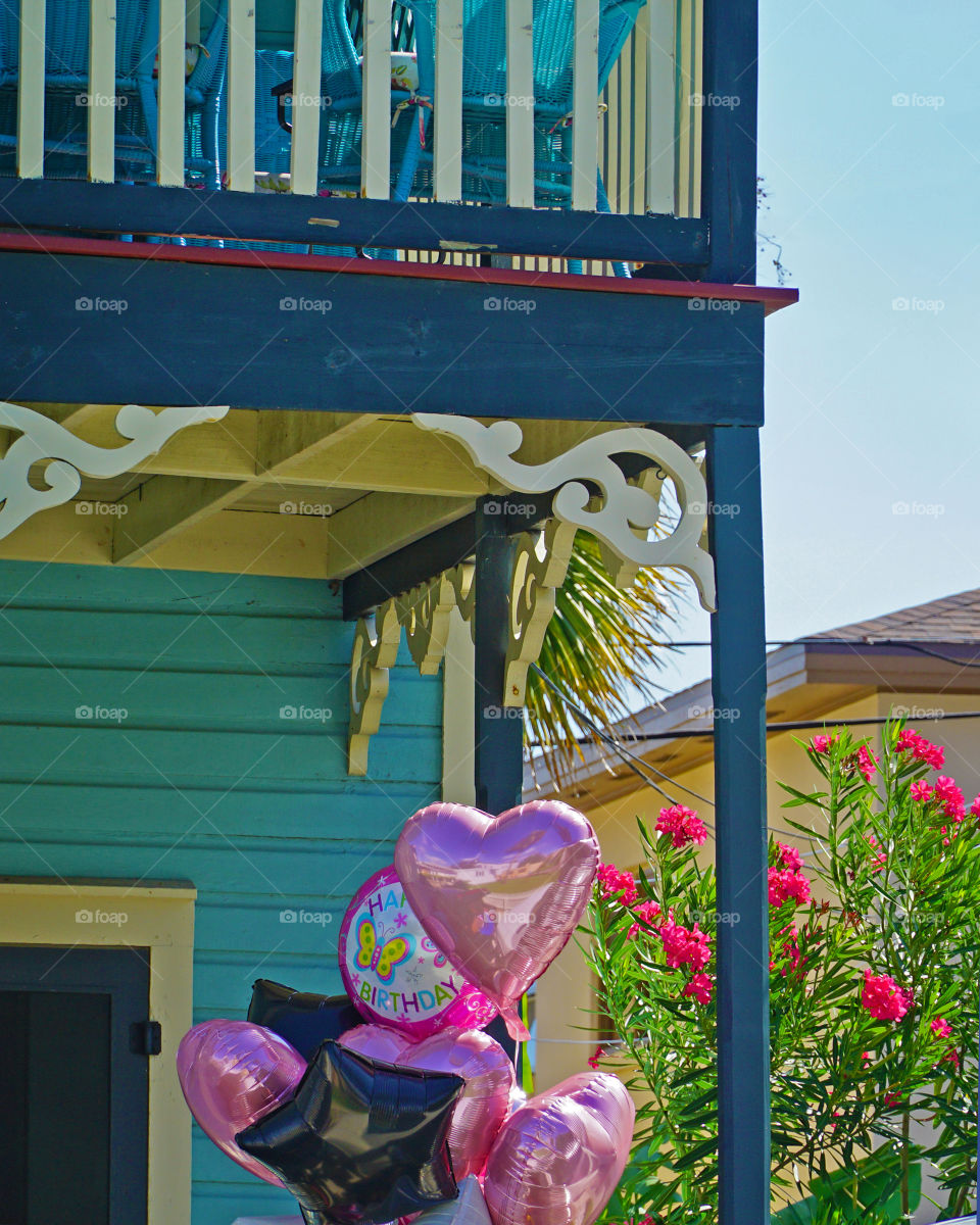 Balloons, flowers, and bright paint