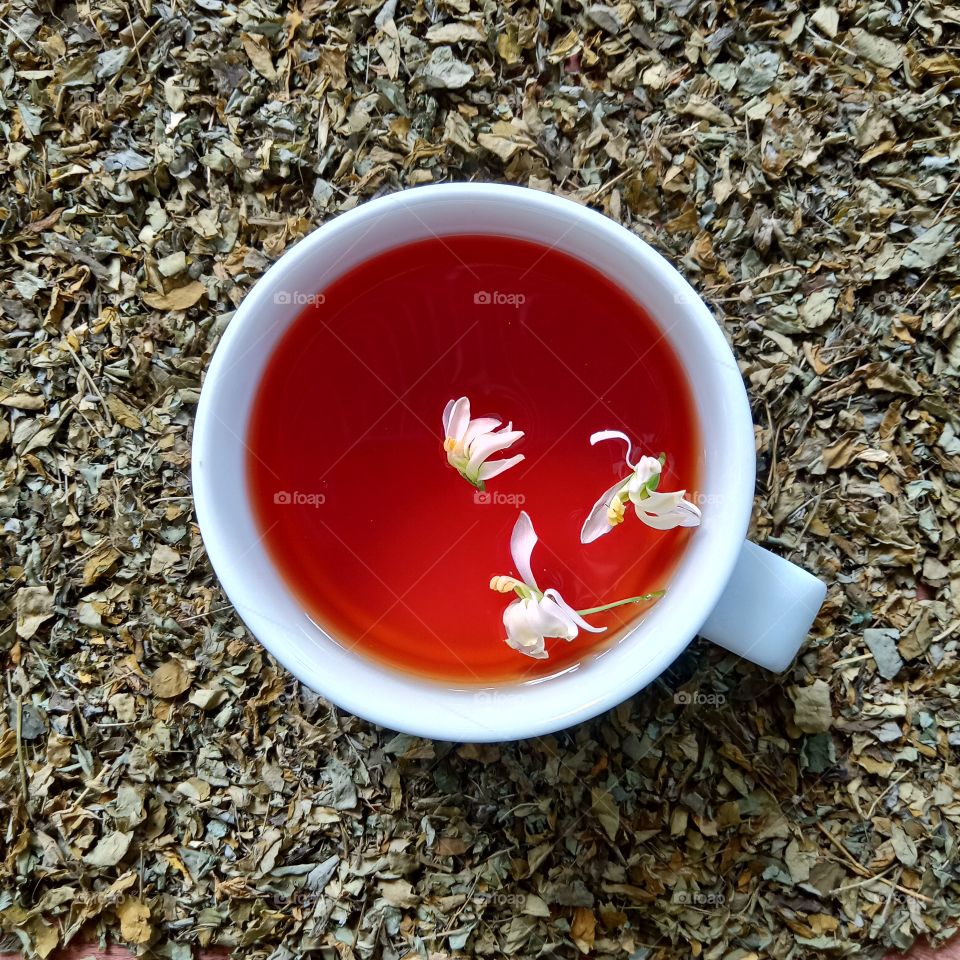 herbal moringa leaves tea with morning flowers and dry leaves .