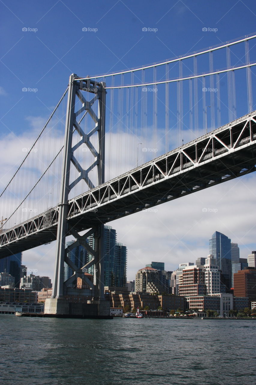 A view of the Bay Bridge from a commuting water taxi in San Francisco 