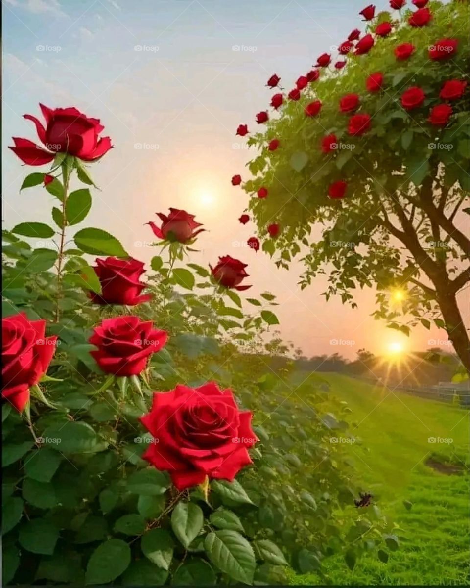 A very beautiful picture, and there is no better picture than it. There is no better picture of green herbs and colorful, red and white roses than it. Glory be to God, the natural and picturesque view, and there is no more