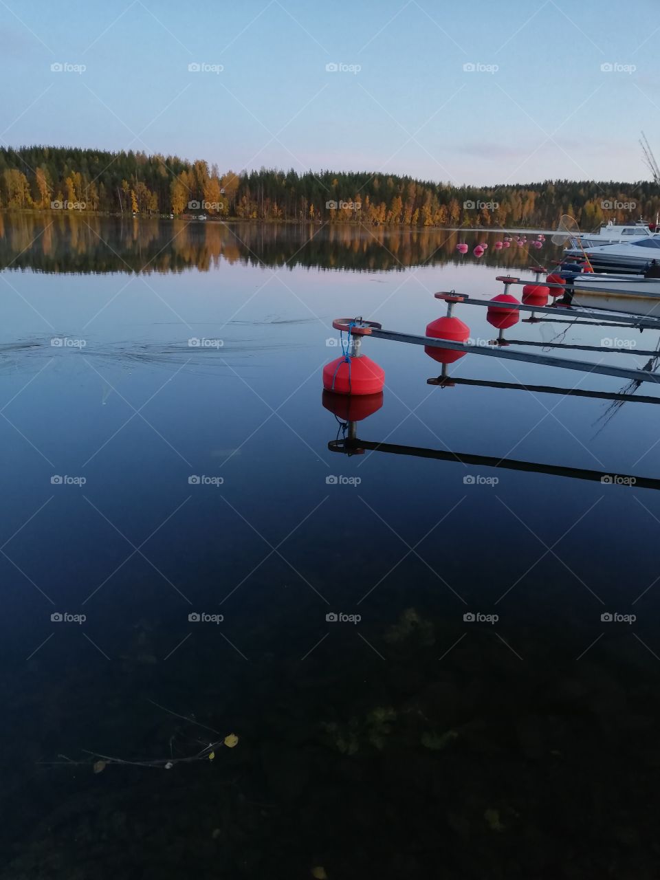 A small marina with some boats and yachts fastened with the ropes at their berths. The red plastic buoys floating on the water. In the background a colorful forest having reflections on the lake.