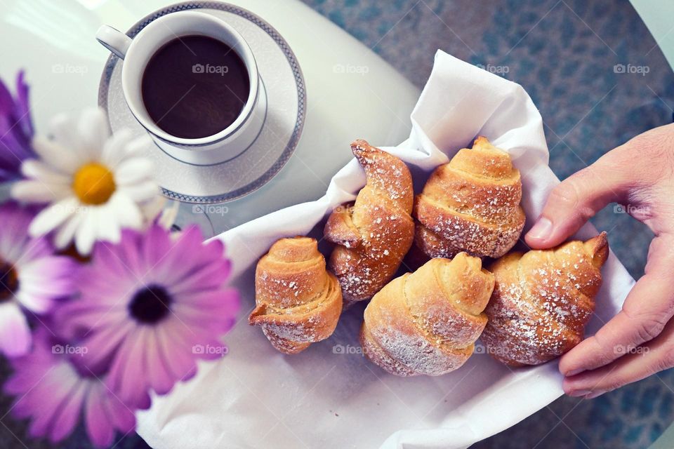 breakfast with coffee and croissant